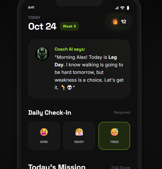 LetsGetitAI app demo showing daily check-in and coach AI features